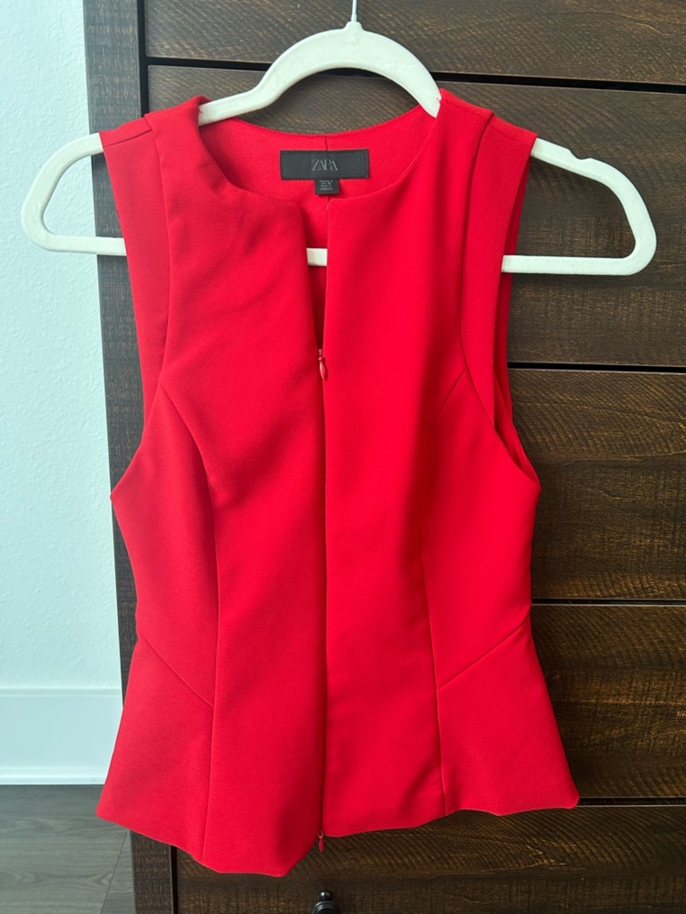 Zara Bright Red Sleeveless Peplum Zip-Front Top